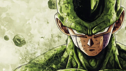 Armored green anime warrior under floating rocky debris.