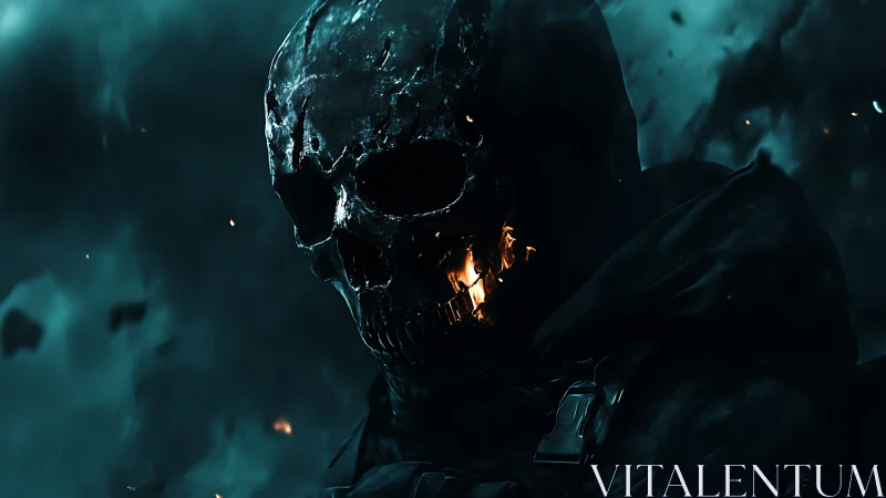 Flaming skull soldier emerges from smoky teal darkness.