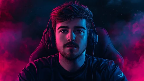 Digital portrait of male gamer wearing headset in chair.