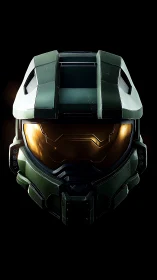 Futuristic green combat helmet glows against deep black.
