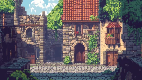 Sunlit pixel village courtyard rests between stone walls