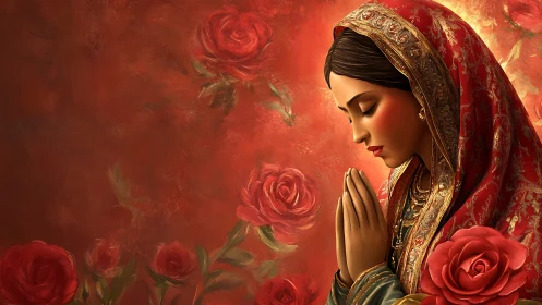 Prayerful woman in red sari stands amid glowing painted roses