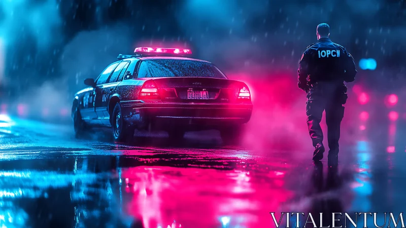 Police officer by patrol car on wet neon lit city street.