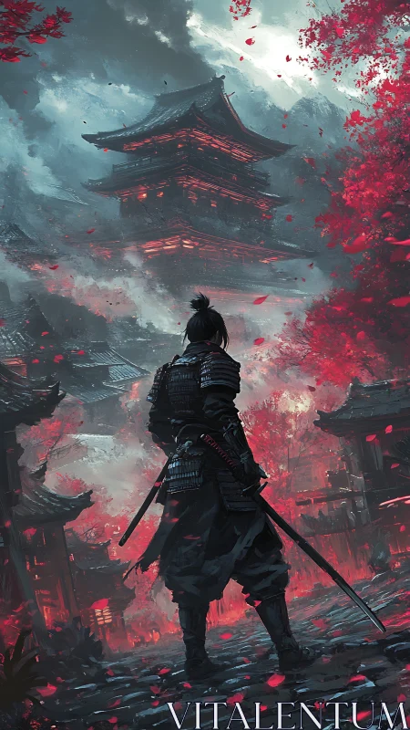 Lone samurai confronts a burning temple beneath storm clouds