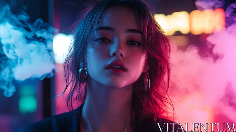 Neon-lit woman framed by vapor clouds in city night