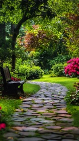 Curved stone garden path leads past bench and dense flowering shrubs