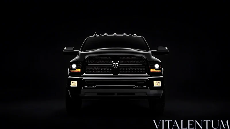 Front view of black pickup truck in low key lighting.