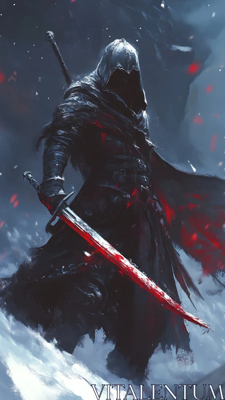 Hooded warrior with bloodied sword in snowy battlefield.