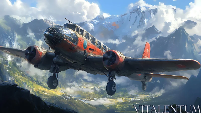 Twin‑engine propeller aircraft over alpine mountain valley.