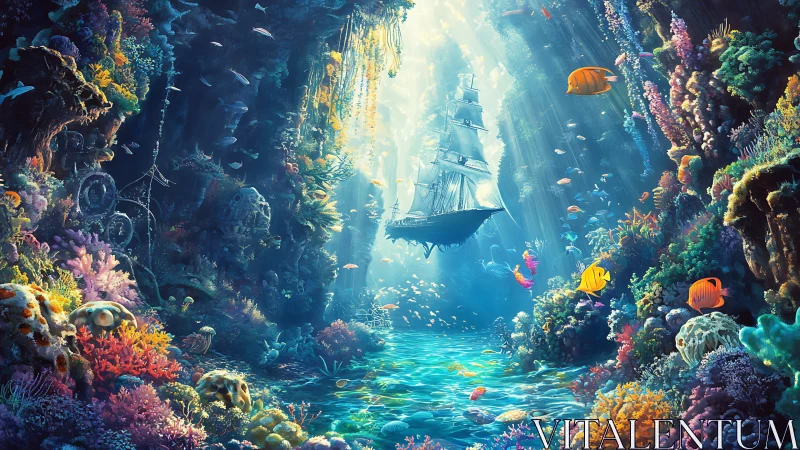 Sunken tall ship drifts through glowing coral canyon undersea.