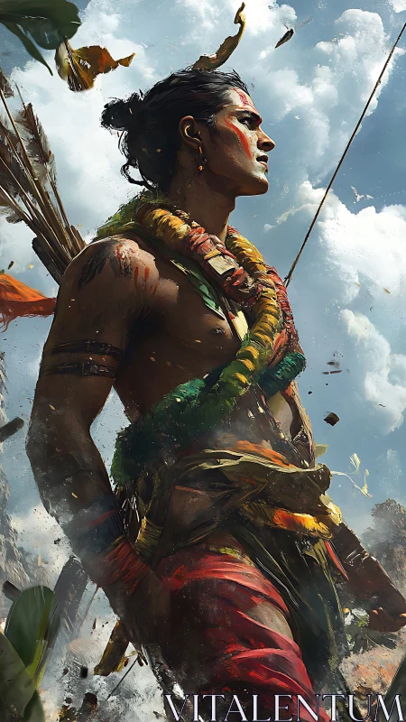 Tribal warrior strides through storm of color and sky.