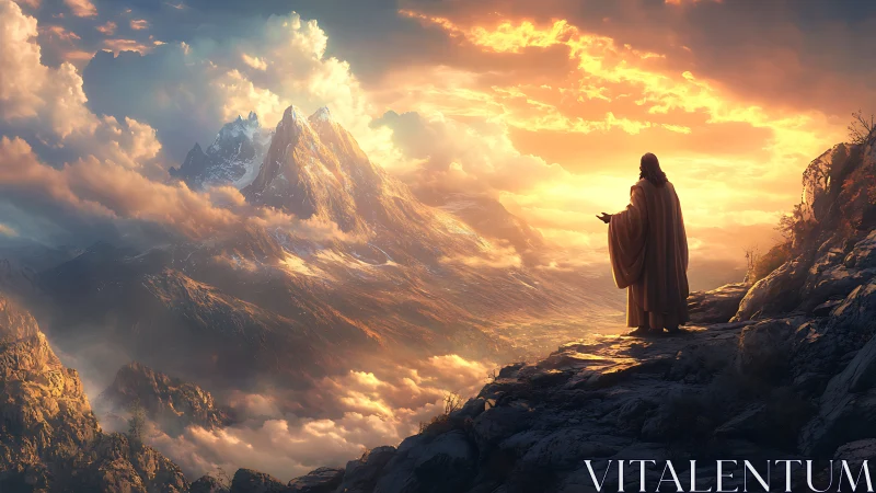 Robed figure observing illuminated mountain landscape at dawn.