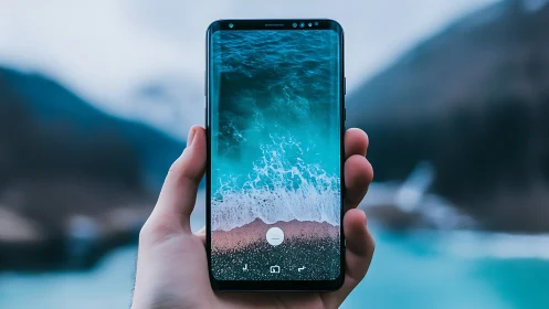 Photorealistic smartphone close-up with immersive seascape screen.