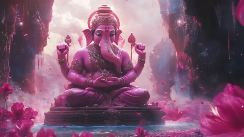 Divine pink Ganesha statue amid glowing lotus misted canyon.