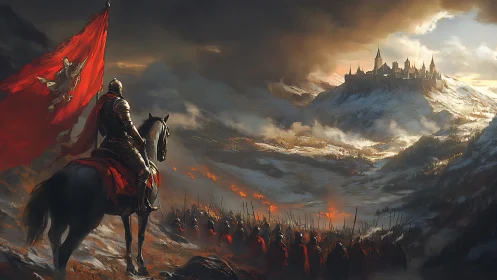Armored knight leads red-bannered army toward hilltop citadel.