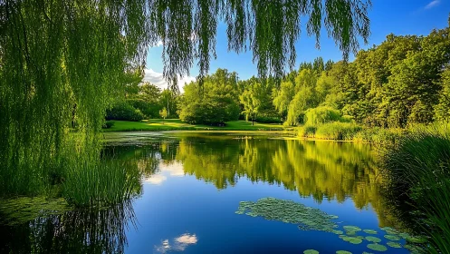 Gentle willow reflections over a sunlit summer pond.