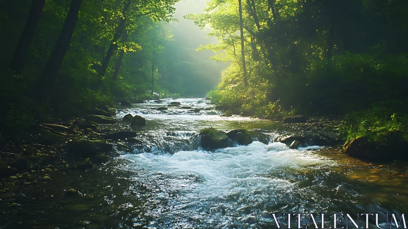 Sunlit forest stream whispering through emerald hush.