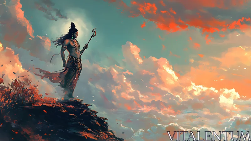 Divine warrior silhouette over blazing cloud horizon.