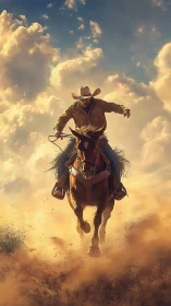 Cowboy rides forward through dense dust against clouded sky