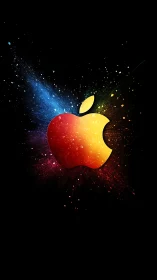 Colorful apple logo with bright splatter on black background.