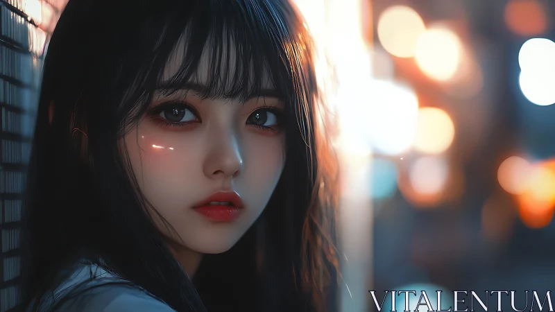 Soft night lights embracing a thoughtful anime girl portrait.