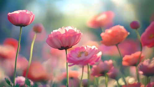 Pink Ranunculus Blooms Dance in Golden Sunlight.