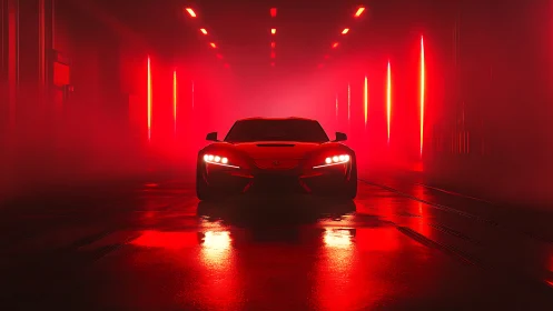 Futuristic red sports car idles under neon tunnel lights