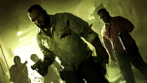 Grim survivors push forward through a tense zombie corridor