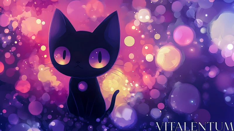 Cel-shaded black cat silhouette amid luminous multicolor bokeh field