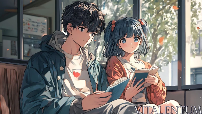 Two anime teens share a quiet, sunlit reading moment together
