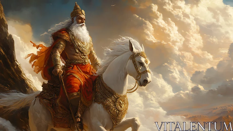 Regal armored elder riding white horse through clouds.