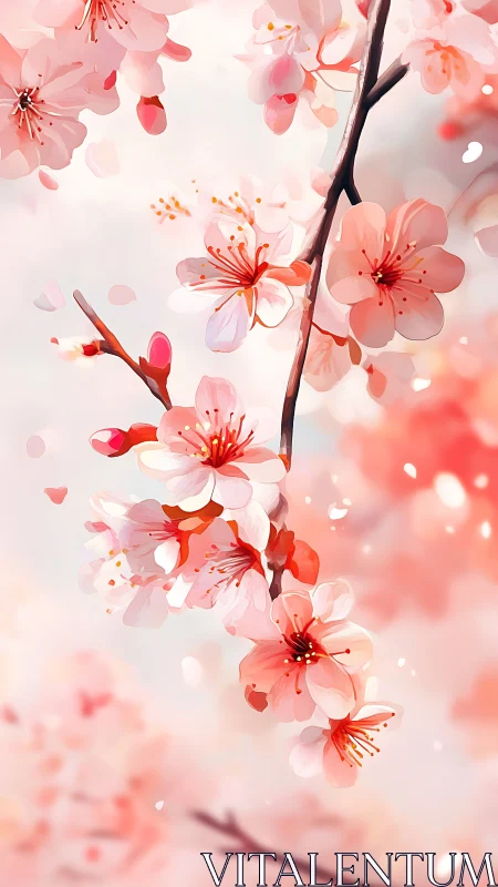 Cherry Blossom Branch with Pink Blossoms and Brown Stem