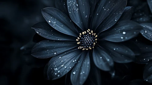 Dark flower with gold center covered in water droplets