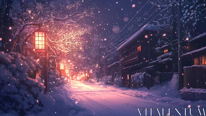 Snow-laced lantern street hums softly beneath winter dusk