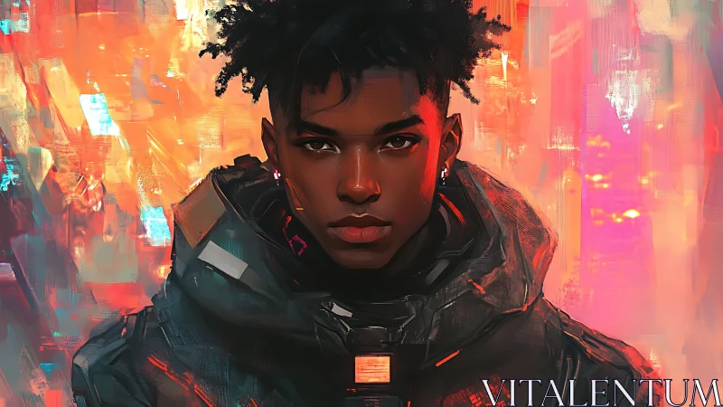 Futuristic pilot faces neon storm within glowing digital haze