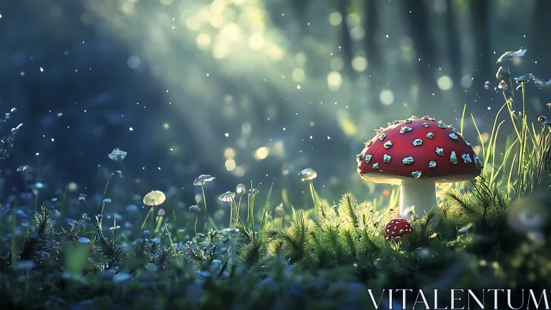 Enchanted red toadstool glows in a sparkling forest meadow.