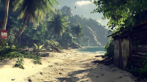 Secluded tropical cove with dramatic limestone cliffs and weathered coastal structures.