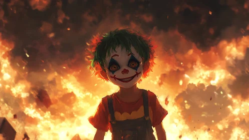 Child clown stands before massive burning explosion scene
