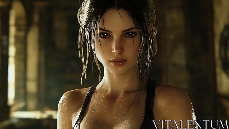 Digital portrait shows wet-haired woman in dim interior