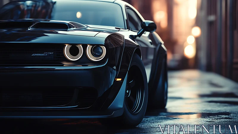 Black muscle car close-up in moody urban street light.