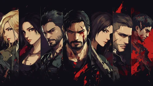 Battle-scarred anime team stands amid blood-red splashes.