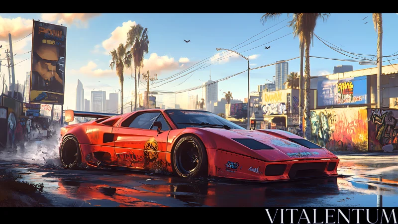 Red street racer cuts through wet urban graffiti district