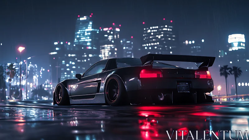 Modified sports car glows against neon-soaked city skyline.