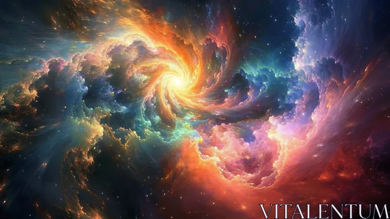 Stellar nebula vortex glows with prismatic cosmic energy.