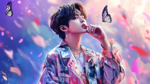 Iridescent youth portrait with butterflies and bokeh petals