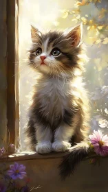Fluffy Kitten in Golden Sunlit Window.