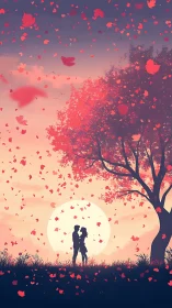 Silhouetted Couple Under Autumn Tree with Falling Leaves