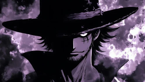 Stormlit gunslinger in shadowed hat and violet smoke stare.