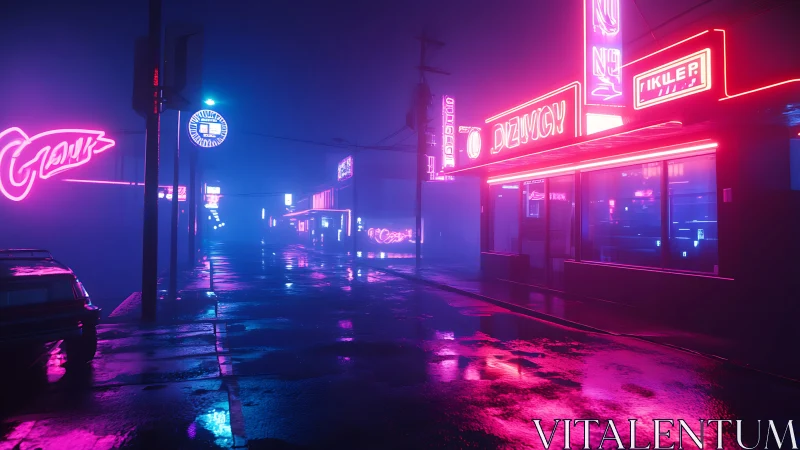 Neon-drenched rainy street glows through misty nightscape.