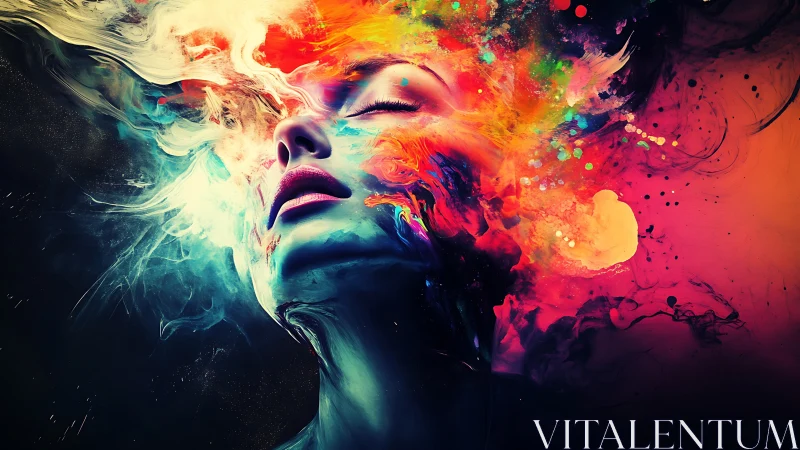 Surreal portrait dissolving into vivid liquid color storm.